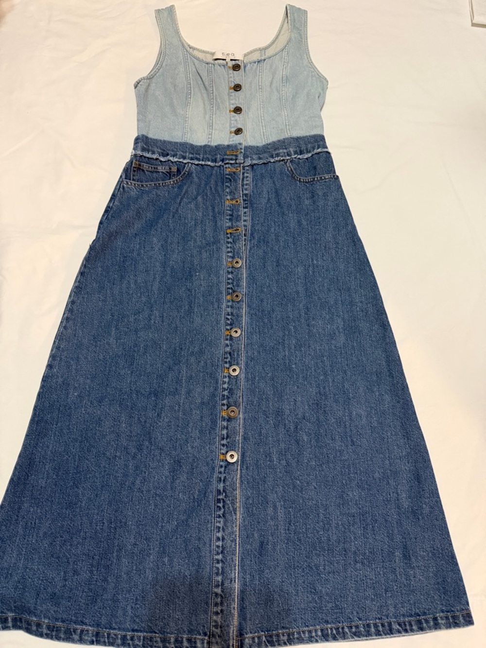 Sea New York Light Wash Two-Tone Denim Midi Dress 4 - Picture 5 of 10